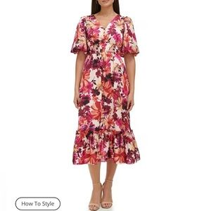 Floral Print V-Neck Puffed Sleeve Flounce Hem Dress 🌸🌺 By Kensie, Size 6
